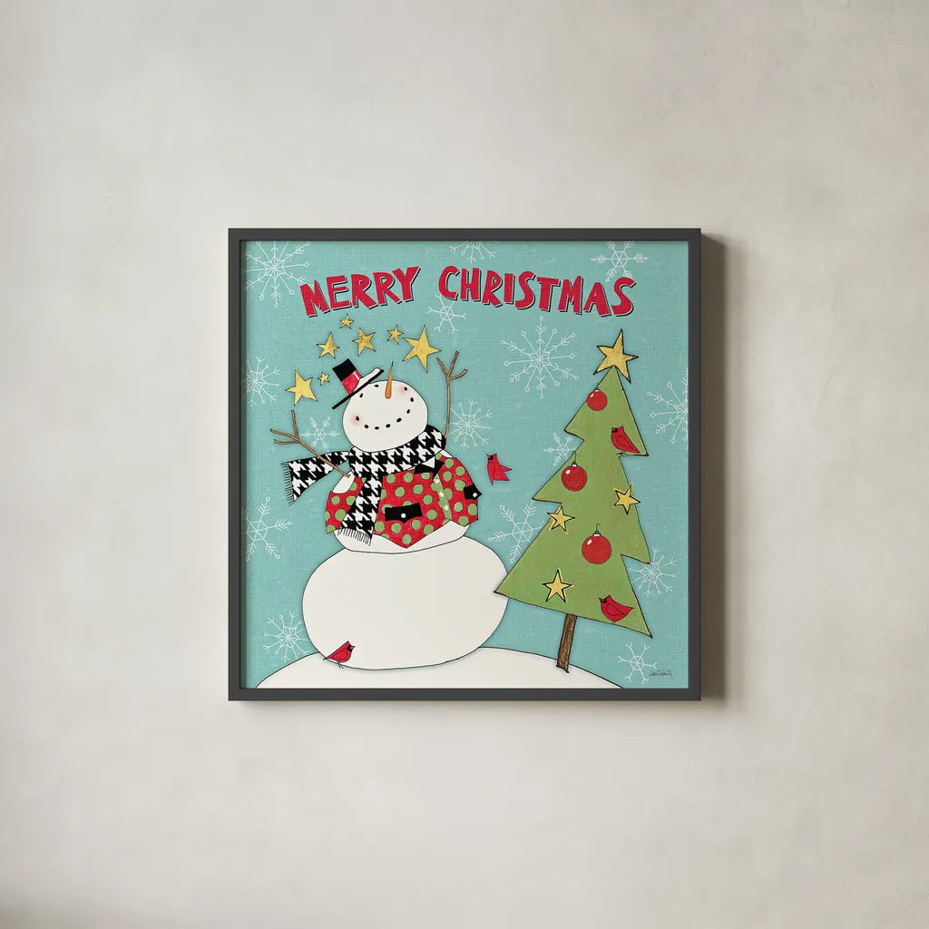 Snowman Sentiments IV by Anne Tavoletti. Shown in a sleek black glass frame for a contemporary gallery look. Available as an archival giclee rolled canvas, fine art paper, or poster print. SKU 31822a.