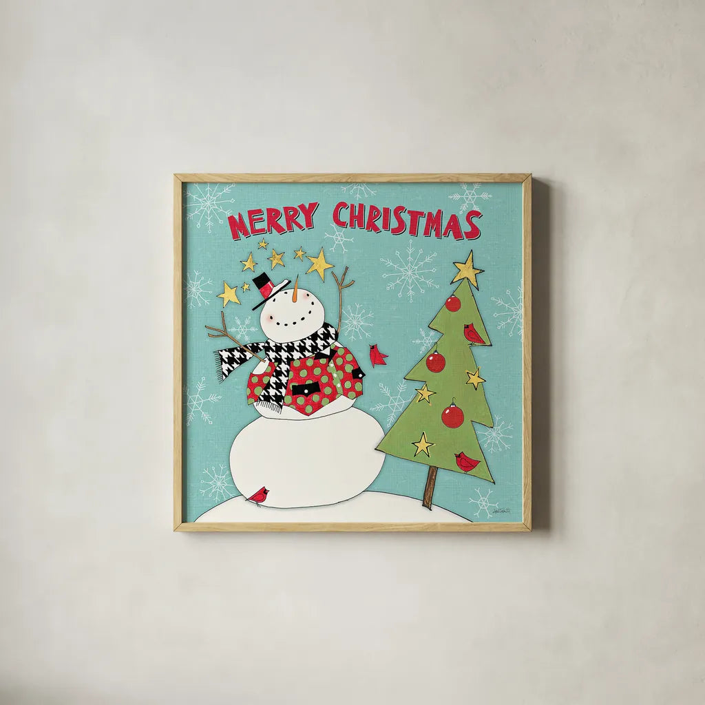 Snowman Sentiments IV by Anne Tavoletti. Shown in a natural wood glass frame for a timeless modern aesthetic. Available as an archival giclee rolled canvas, fine art paper, or poster print. SKU 31822a.