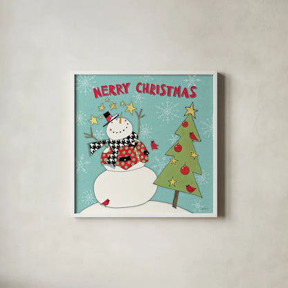 Snowman Sentiments IV by Anne Tavoletti. Shown in a crisp white glass frame for a clean and minimalist style. Available as an archival giclee rolled canvas, fine art paper, or poster print. SKU 31822a.