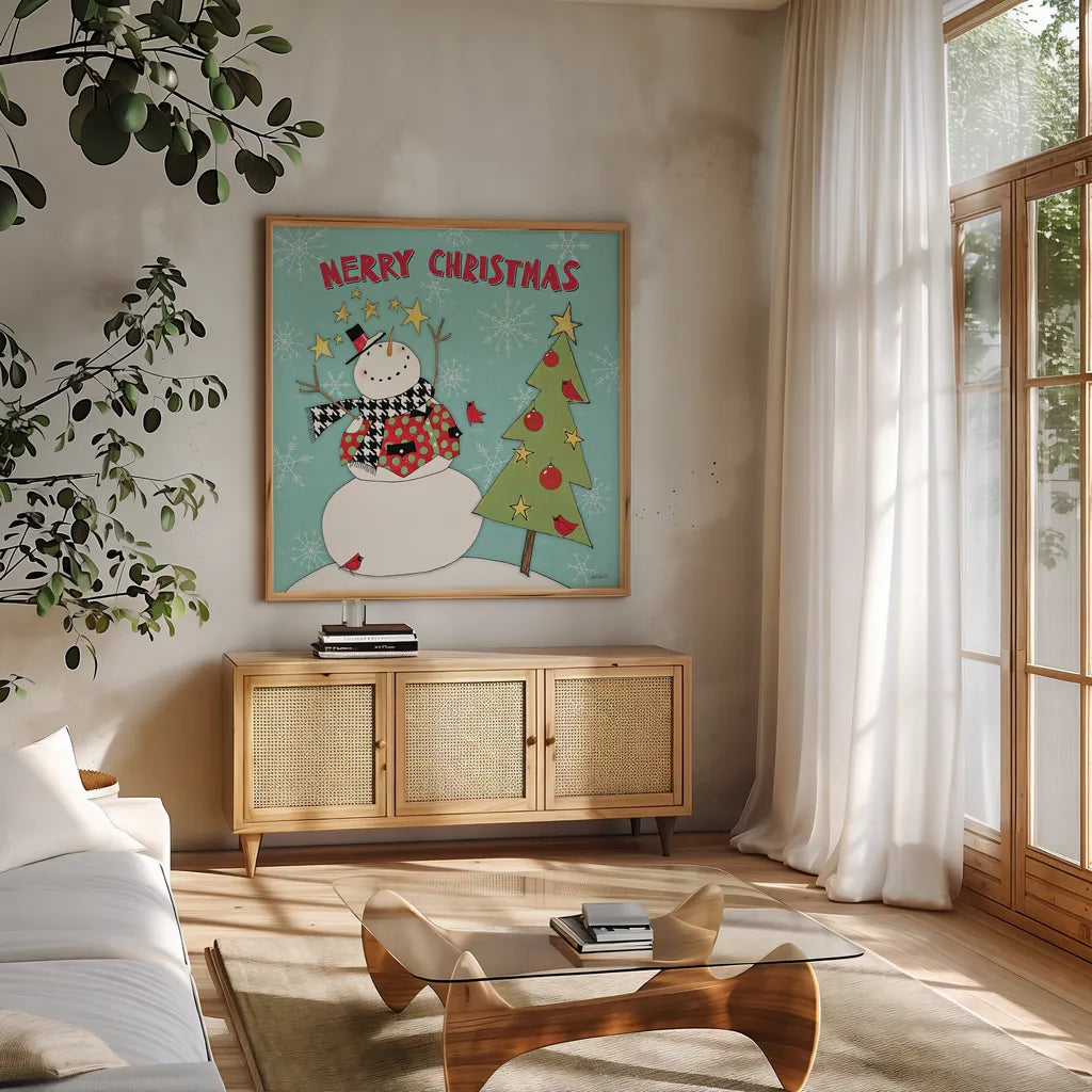 Snowman Sentiments IV by Anne Tavoletti. Shown in a natural wood frame in a cozy modern living room. Available as an archival giclee rolled canvas, fine art paper, or poster print. SKU 31822a.