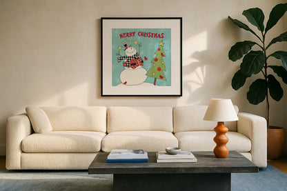 Snowman Sentiments IV by Anne Tavoletti. Displayed in a glass frame with matte in a clean modern living room. Available as an archival giclee rolled canvas, fine art paper, or poster print. SKU 31822a.