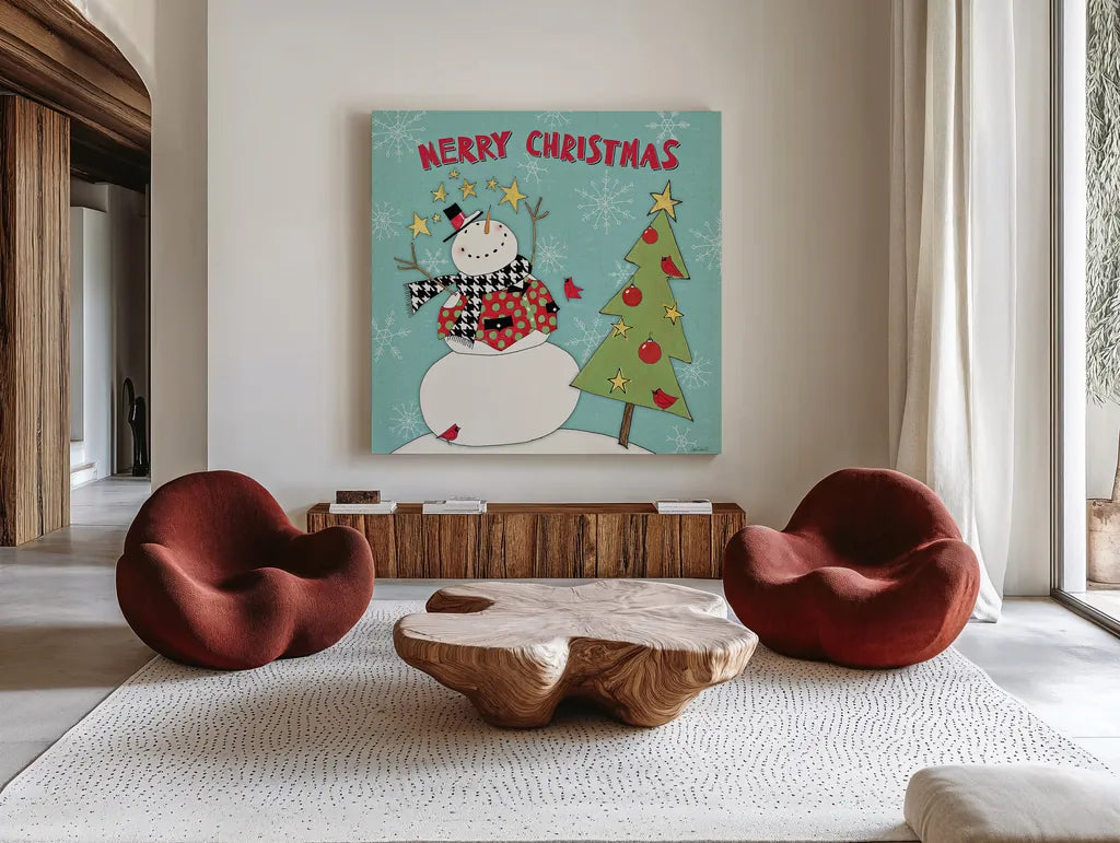 Snowman Sentiments IV by Anne Tavoletti. Shown as extra-large giant wall art in a modern living room. Available as an archival giclee rolled canvas, fine art paper, or poster print. SKU 31822a.