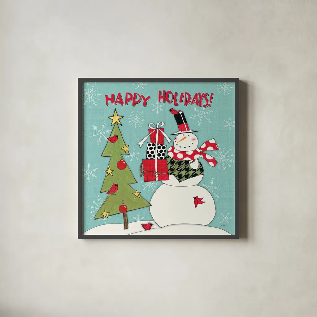 Snowman Sentiments V by Anne Tavoletti. Shown in a sleek black glass frame for a contemporary gallery look. Available as an archival giclee rolled canvas, fine art paper, or poster print. SKU 31823a.