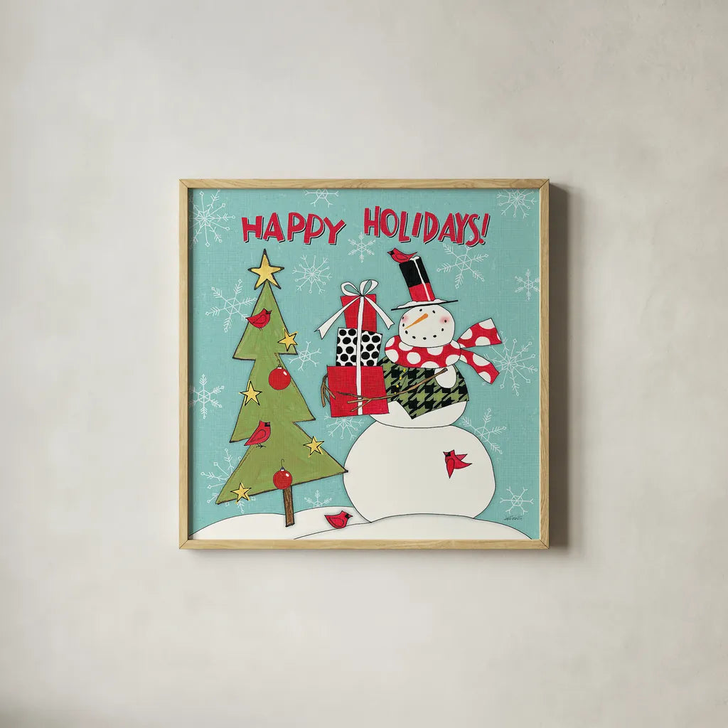 Snowman Sentiments V by Anne Tavoletti. Shown in a natural wood glass frame for a timeless modern aesthetic. Available as an archival giclee rolled canvas, fine art paper, or poster print. SKU 31823a.