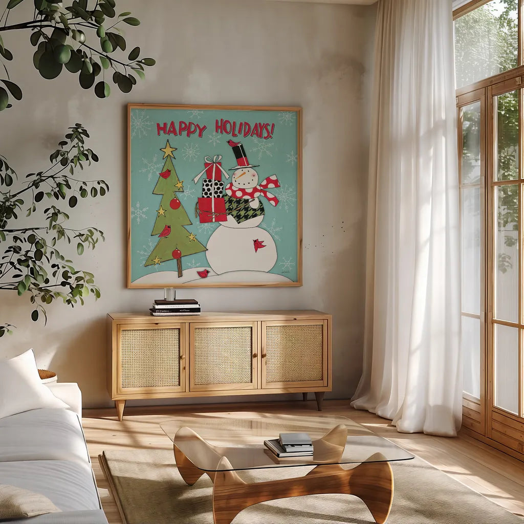 Snowman Sentiments V by Anne Tavoletti. Shown in a natural wood frame in a cozy modern living room. Available as an archival giclee rolled canvas, fine art paper, or poster print. SKU 31823a.