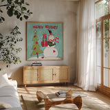 Snowman Sentiments V by Anne Tavoletti. Shown in a natural wood frame in a cozy modern living room. Available as an archival giclee rolled canvas, fine art paper, or poster print. SKU 31823a.