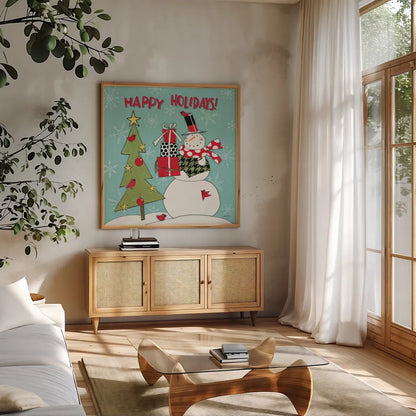 Snowman Sentiments V by Anne Tavoletti. Shown in a natural wood frame in a cozy modern living room. Available as an archival giclee rolled canvas, fine art paper, or poster print. SKU 31823a.