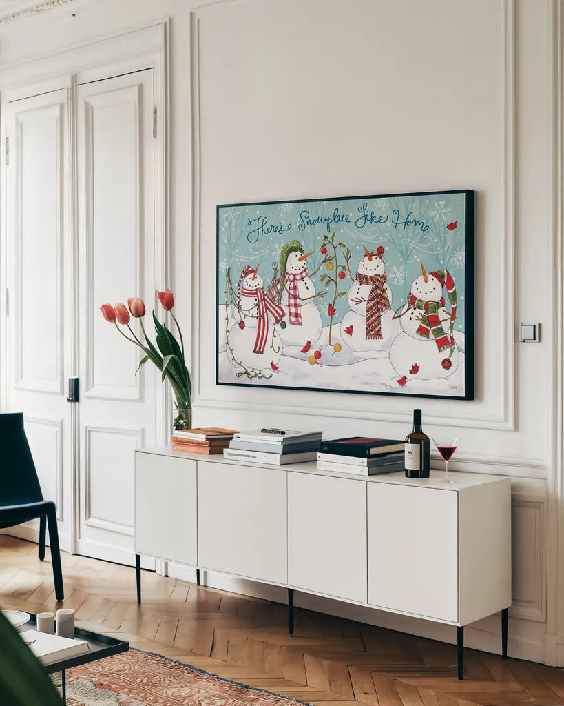 Snowplace Like Home I by Anne Tavoletti. shown as a framed stretched canvas in a living room above a console. Available as a archival giclee rolled canvas, fine art paper, or poster print. SKU 63648i.