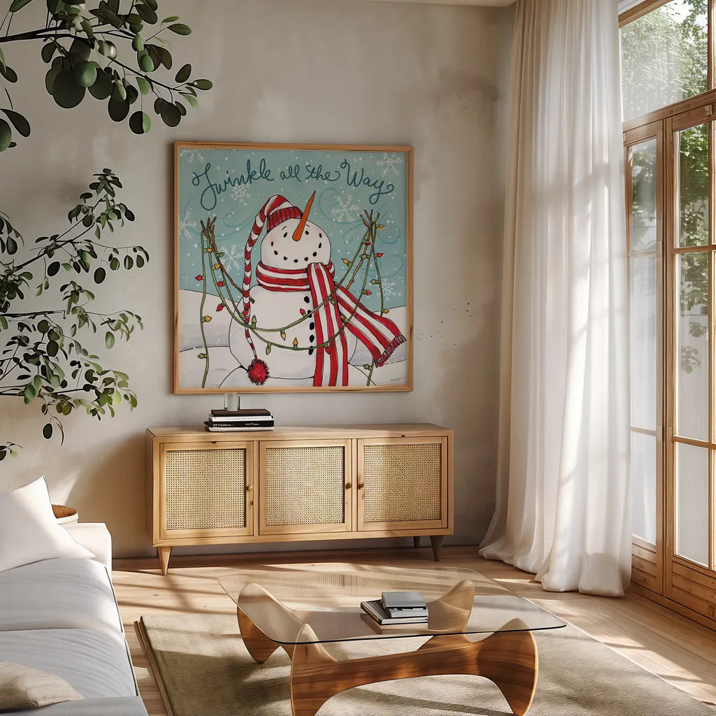 Snowplace Like Home II by Anne Tavoletti. Shown in a natural wood frame in a cozy modern living room. Available as an archival giclee rolled canvas, fine art paper, or poster print. SKU 63649a.
