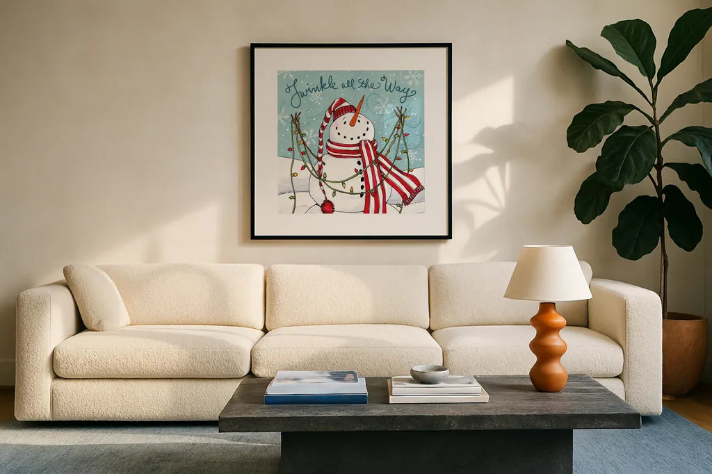 Snowplace Like Home II by Anne Tavoletti. Displayed in a glass frame with matte in a clean modern living room. Available as an archival giclee rolled canvas, fine art paper, or poster print. SKU 63649a.
