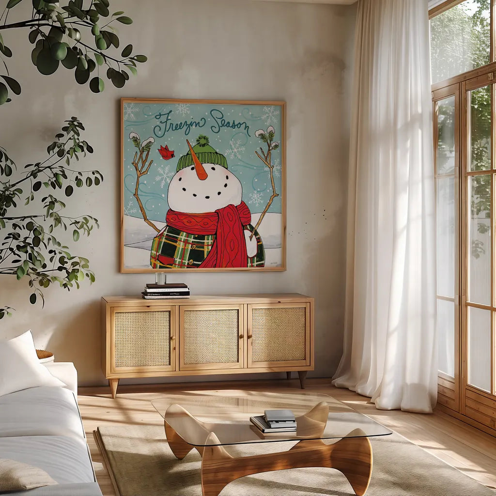 Snowplace Like Home III by Anne Tavoletti. Shown in a natural wood frame in a cozy modern living room. Available as an archival giclee rolled canvas, fine art paper, or poster print. SKU 63650a.