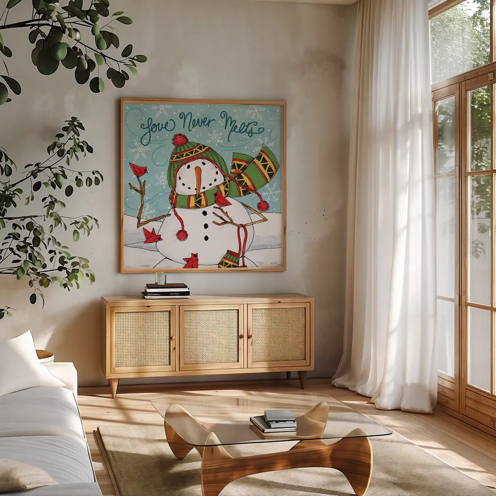 Snowplace Like Home V by Anne Tavoletti. Shown in a natural wood frame in a cozy modern living room. Available as an archival giclee rolled canvas, fine art paper, or poster print. SKU 63652a.