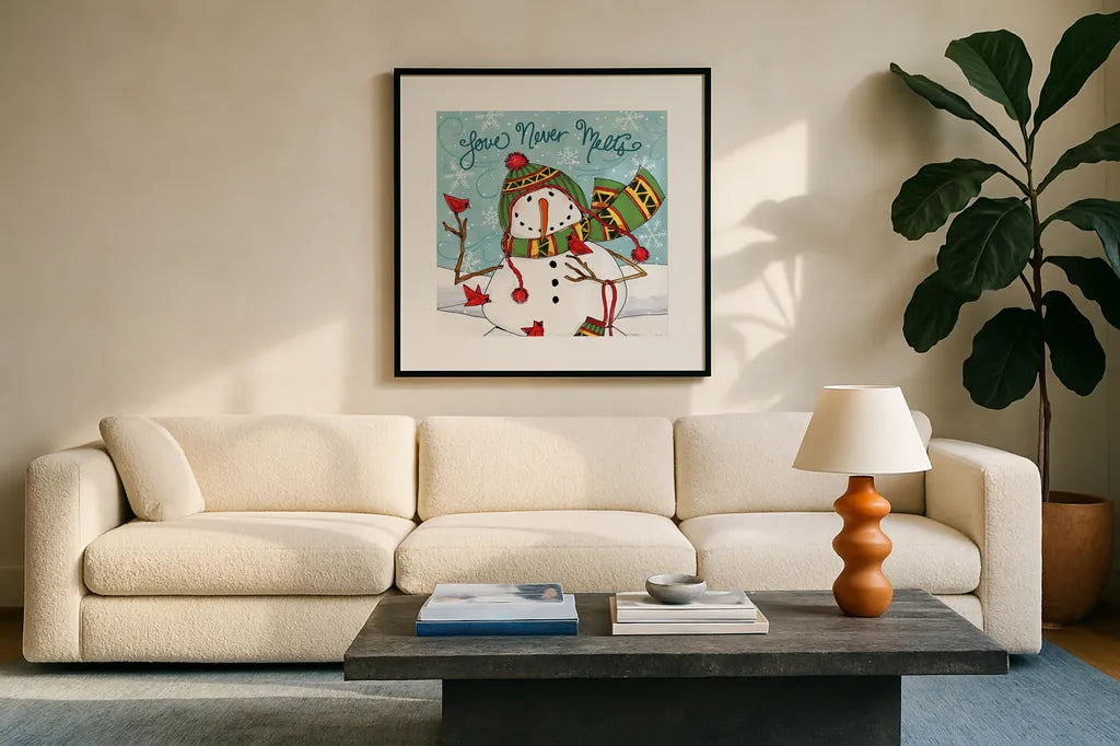 Snowplace Like Home V by Anne Tavoletti. Displayed in a glass frame with matte in a clean modern living room. Available as an archival giclee rolled canvas, fine art paper, or poster print. SKU 63652a.