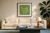 Snowplace Like Home VIII by Anne Tavoletti. Displayed in a glass frame with matte in a clean modern living room. Available as an archival giclee rolled canvas, fine art paper, or poster print. SKU 63655a.