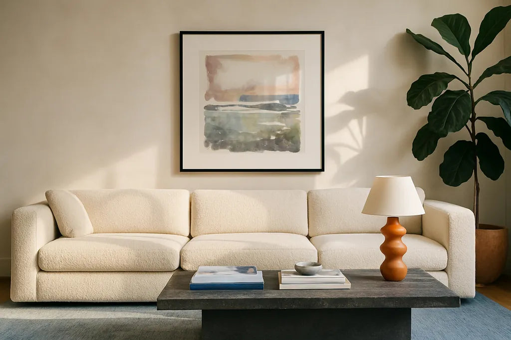 Soft Abstract by Anne Tavoletti. Displayed in a glass frame with matte in a clean modern living room. Available as an archival giclee rolled canvas, fine art paper, or poster print. SKU 97374a.