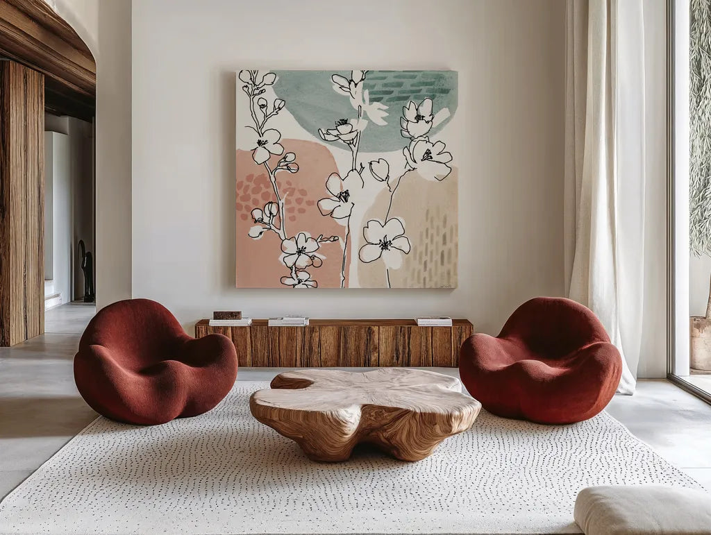 Soft Figures II by Anne Tavoletti. Shown as extra-large giant wall art in a modern living room. Available as an archival giclee rolled canvas, fine art paper, or poster print. SKU 65804a.