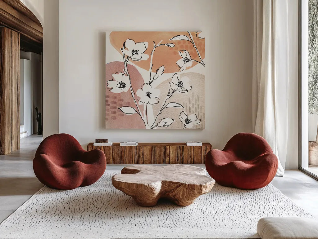 Soft Figures III by Anne Tavoletti. Shown as extra-large giant wall art in a modern living room. Available as an archival giclee rolled canvas, fine art paper, or poster print. SKU 65805a.