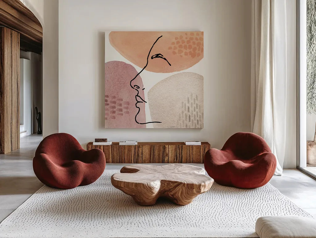 Soft Figures IX by Anne Tavoletti. Shown as extra-large giant wall art in a modern living room. Available as an archival giclee rolled canvas, fine art paper, or poster print. SKU 65811a.