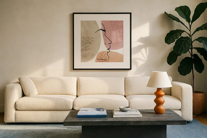 Soft Figures VIII by Anne Tavoletti. Displayed in a glass frame with matte in a clean modern living room. Available as an archival giclee rolled canvas, fine art paper, or poster print. SKU 65810a.