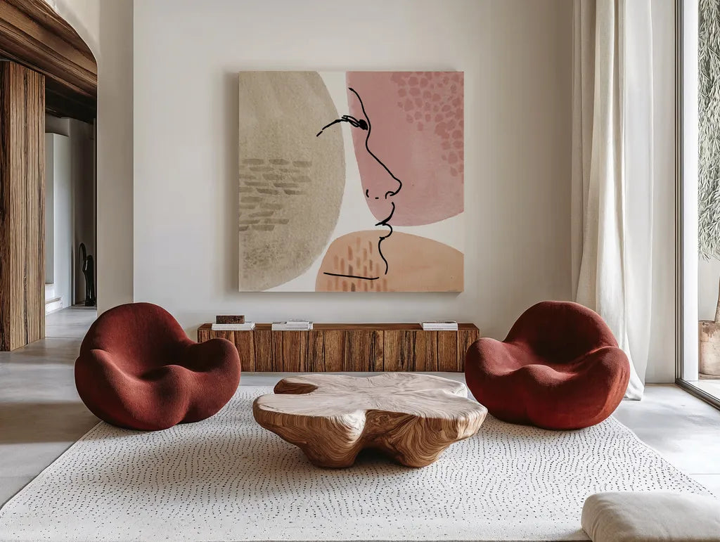 Soft Figures VIII by Anne Tavoletti. Shown as extra-large giant wall art in a modern living room. Available as an archival giclee rolled canvas, fine art paper, or poster print. SKU 65810a.