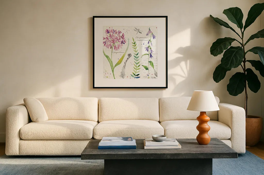 Soft Nature III by Anne Tavoletti. Displayed in a glass frame with matte in a clean modern living room. Available as an archival giclee rolled canvas, fine art paper, or poster print. SKU 15009a.