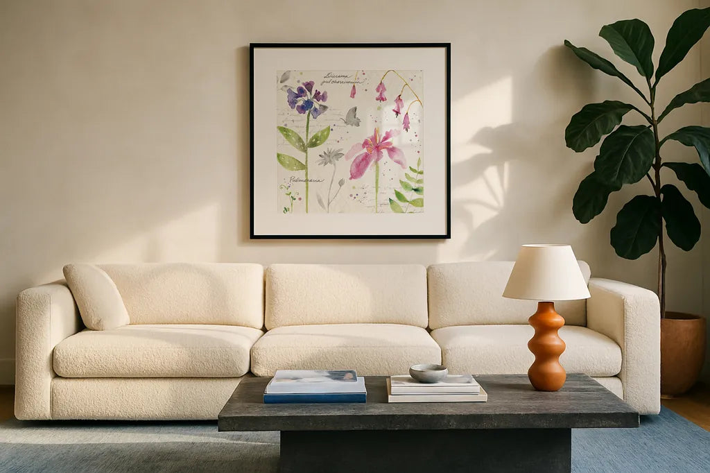 Soft Nature IV by Anne Tavoletti. Displayed in a glass frame with matte in a clean modern living room. Available as an archival giclee rolled canvas, fine art paper, or poster print. SKU 15010a.