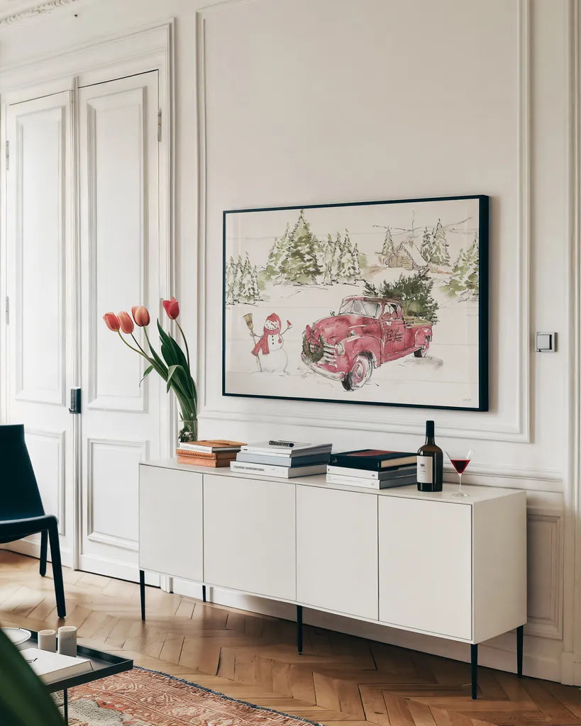 Soft Season I by Anne Tavoletti. shown as a framed stretched canvas in a living room above a console. Available as a archival giclee rolled canvas, fine art paper, or poster print. SKU 74537i.