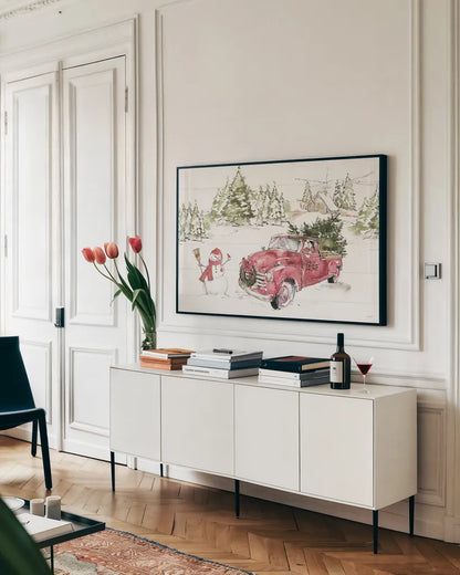 Soft Season I by Anne Tavoletti. shown as a framed stretched canvas in a living room above a console. Available as a archival giclee rolled canvas, fine art paper, or poster print. SKU 74537i.