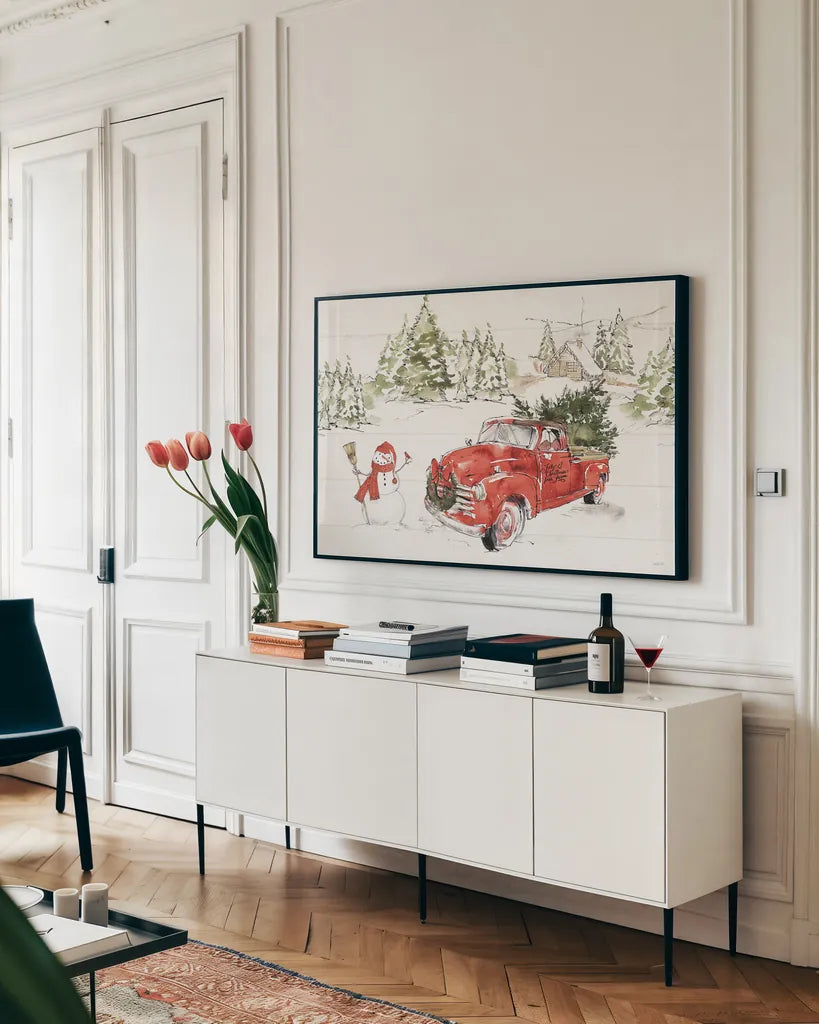 Soft Season I Dark Red by Anne Tavoletti. shown as a framed stretched canvas in a living room above a console. Available as a archival giclee rolled canvas, fine art paper, or poster print. SKU 75410i.