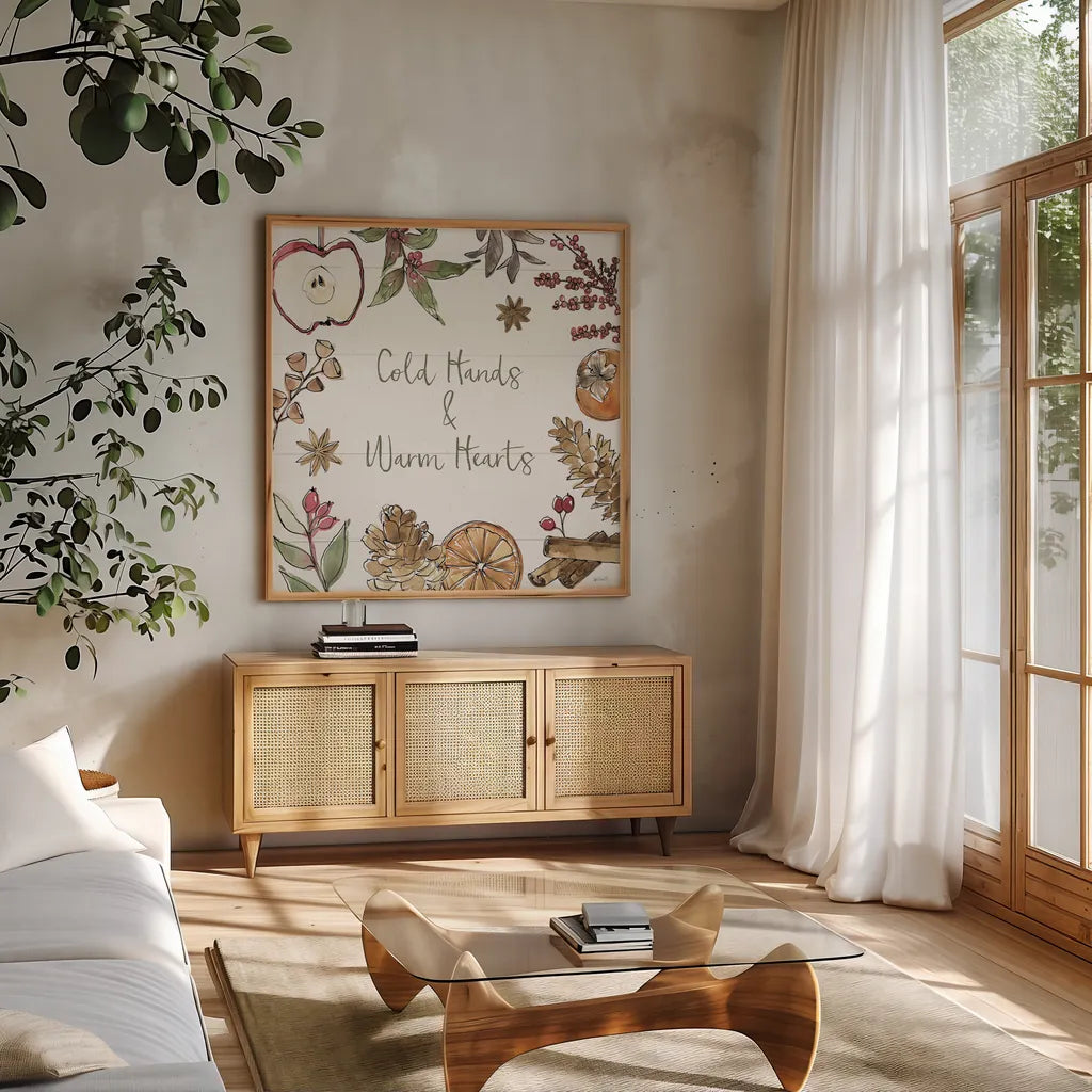 Soft Season VI by Anne Tavoletti. Shown in a natural wood frame in a cozy modern living room. Available as an archival giclee rolled canvas, fine art paper, or poster print. SKU 74542a.