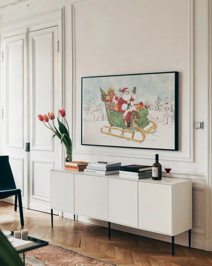 Special Delivery I Village by Anne Tavoletti. shown as a framed stretched canvas in a living room above a console. Available as a archival giclee rolled canvas, fine art paper, or poster print. SKU 87367i.