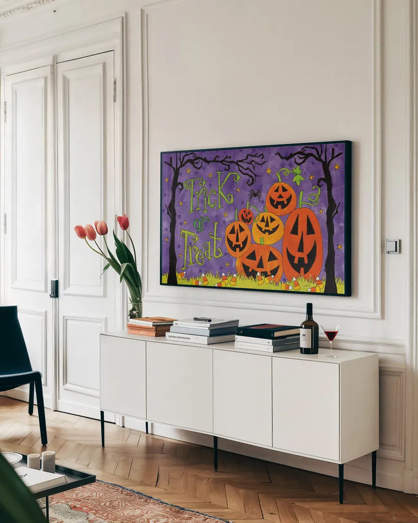 Spooky Fun I by Anne Tavoletti. shown as a framed stretched canvas in a living room above a console. Available as a archival giclee rolled canvas, fine art paper, or poster print. SKU 48869i.