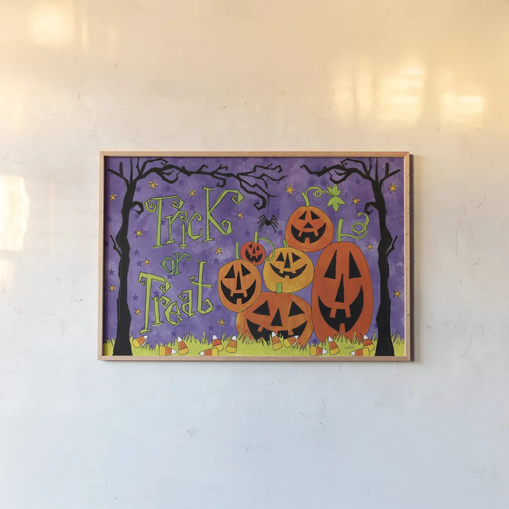 Spooky Fun I by Anne Tavoletti. shown as a paper print in a natural frame. Available as a archival giclee rolled canvas, fine art paper, or poster print. SKU 48869i.