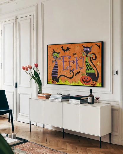 Spooky Fun II by Anne Tavoletti. shown as a framed stretched canvas in a living room above a console. Available as a archival giclee rolled canvas, fine art paper, or poster print. SKU 48870i.
