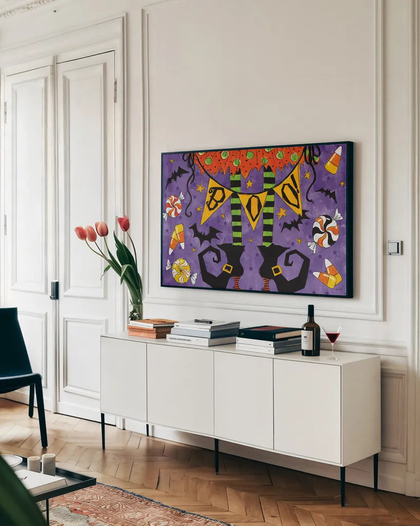 Spooky Fun III by Anne Tavoletti. shown as a framed stretched canvas in a living room above a console. Available as a archival giclee rolled canvas, fine art paper, or poster print. SKU 48871i.