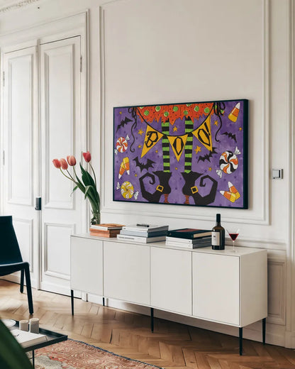 Spooky Fun III by Anne Tavoletti. shown as a framed stretched canvas in a living room above a console. Available as a archival giclee rolled canvas, fine art paper, or poster print. SKU 48871i.