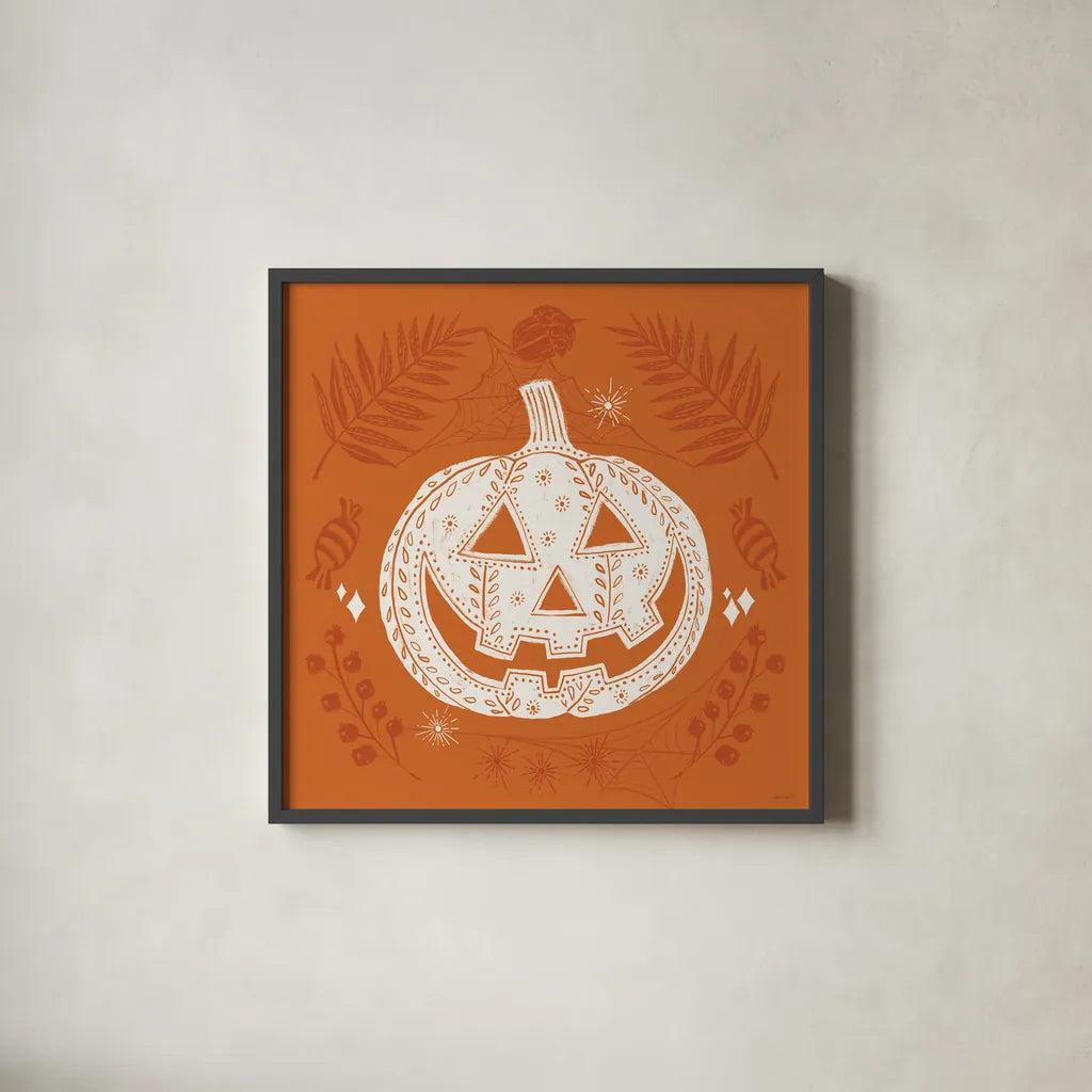 Spooky Silhouettes I by Anne Tavoletti. Shown in a sleek black glass frame for a contemporary gallery look. Available as an archival giclee rolled canvas, fine art paper, or poster print. SKU 96488a.