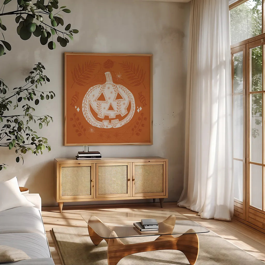 Spooky Silhouettes I by Anne Tavoletti. Shown in a natural wood frame in a cozy modern living room. Available as an archival giclee rolled canvas, fine art paper, or poster print. SKU 96488a.