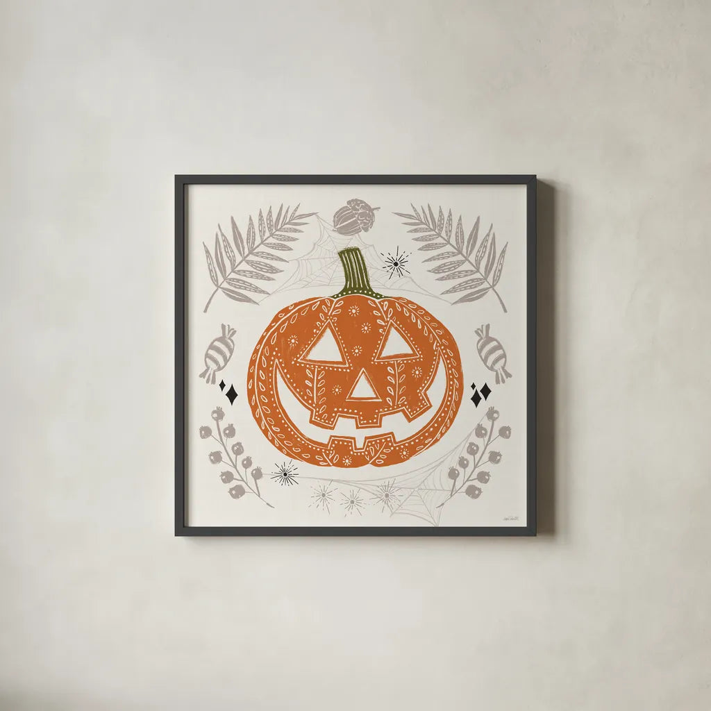 Spooky Silhouettes I Color by Anne Tavoletti. Shown in a sleek black glass frame for a contemporary gallery look. Available as an archival giclee rolled canvas, fine art paper, or poster print. SKU 96489a.