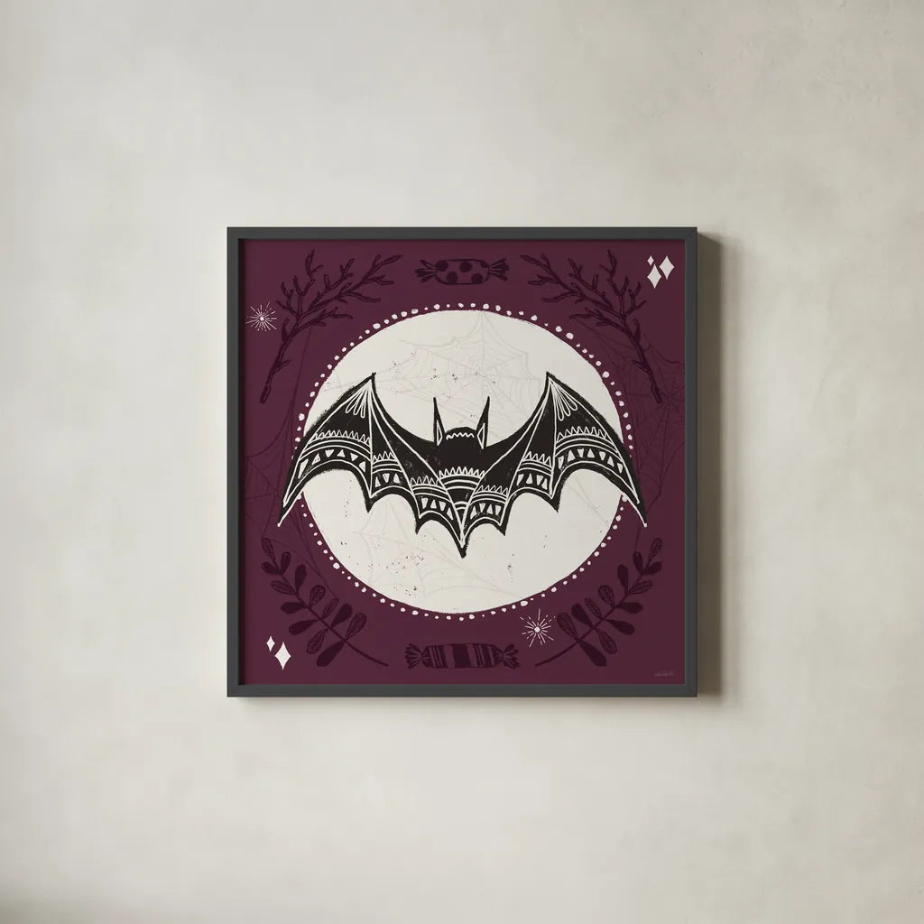 Spooky Silhouettes V by Anne Tavoletti. Shown in a sleek black glass frame for a contemporary gallery look. Available as an archival giclee rolled canvas, fine art paper, or poster print. SKU 96496a.