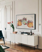 Spooky Style I by Anne Tavoletti. shown as a framed stretched canvas in a living room above a console. Available as a archival giclee rolled canvas, fine art paper, or poster print. SKU 66283i.