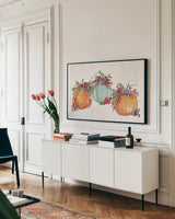Spooky Style II by Anne Tavoletti. shown as a framed stretched canvas in a living room above a console. Available as a archival giclee rolled canvas, fine art paper, or poster print. SKU 66284i.