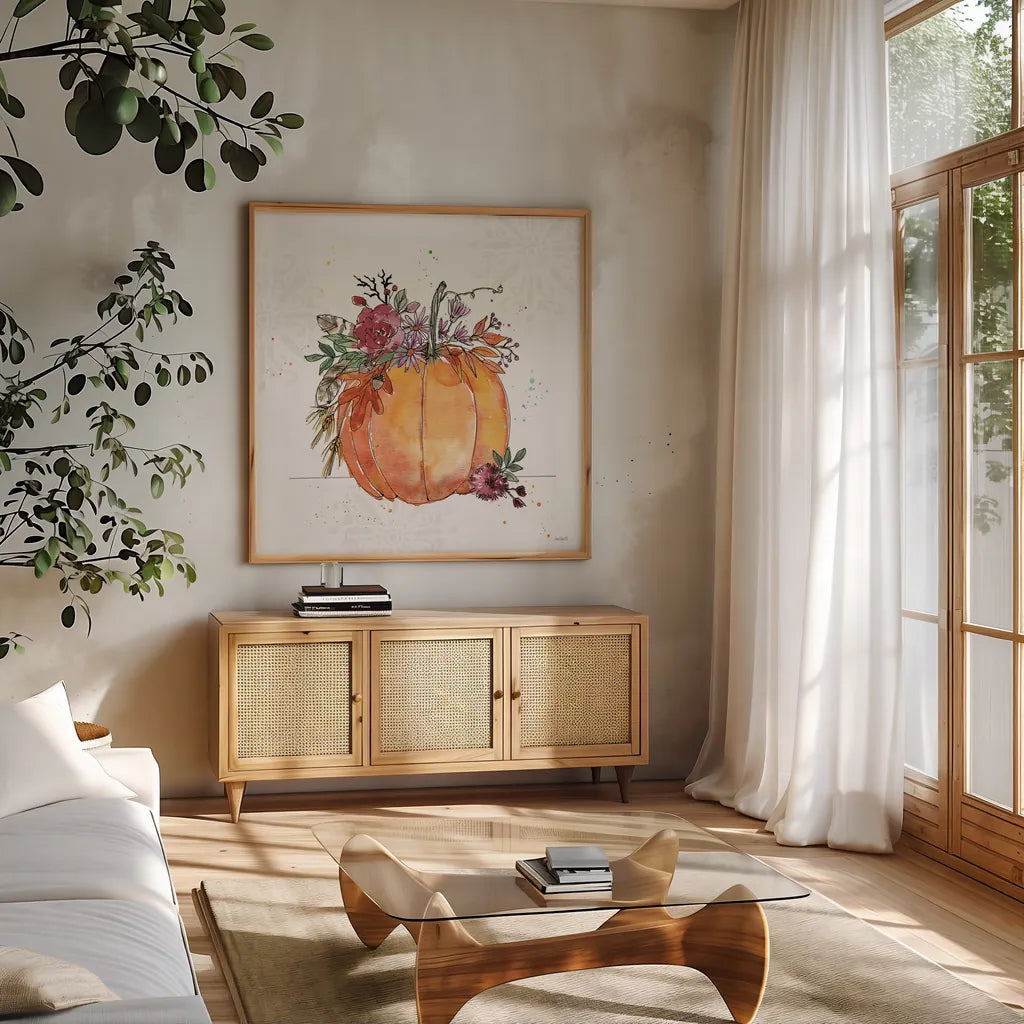 Spooky Style IX by Anne Tavoletti. Shown in a natural wood frame in a cozy modern living room. Available as an archival giclee rolled canvas, fine art paper, or poster print. SKU 66291a.