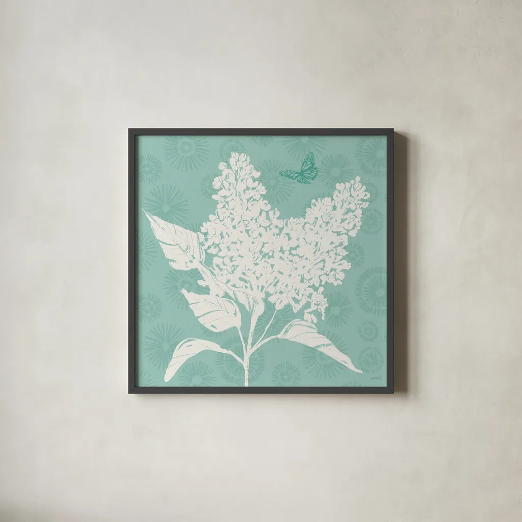 Spring Delight IV by Anne Tavoletti. Shown in a sleek black glass frame for a contemporary gallery look. Available as an archival giclee rolled canvas, fine art paper, or poster print. SKU 92083a.