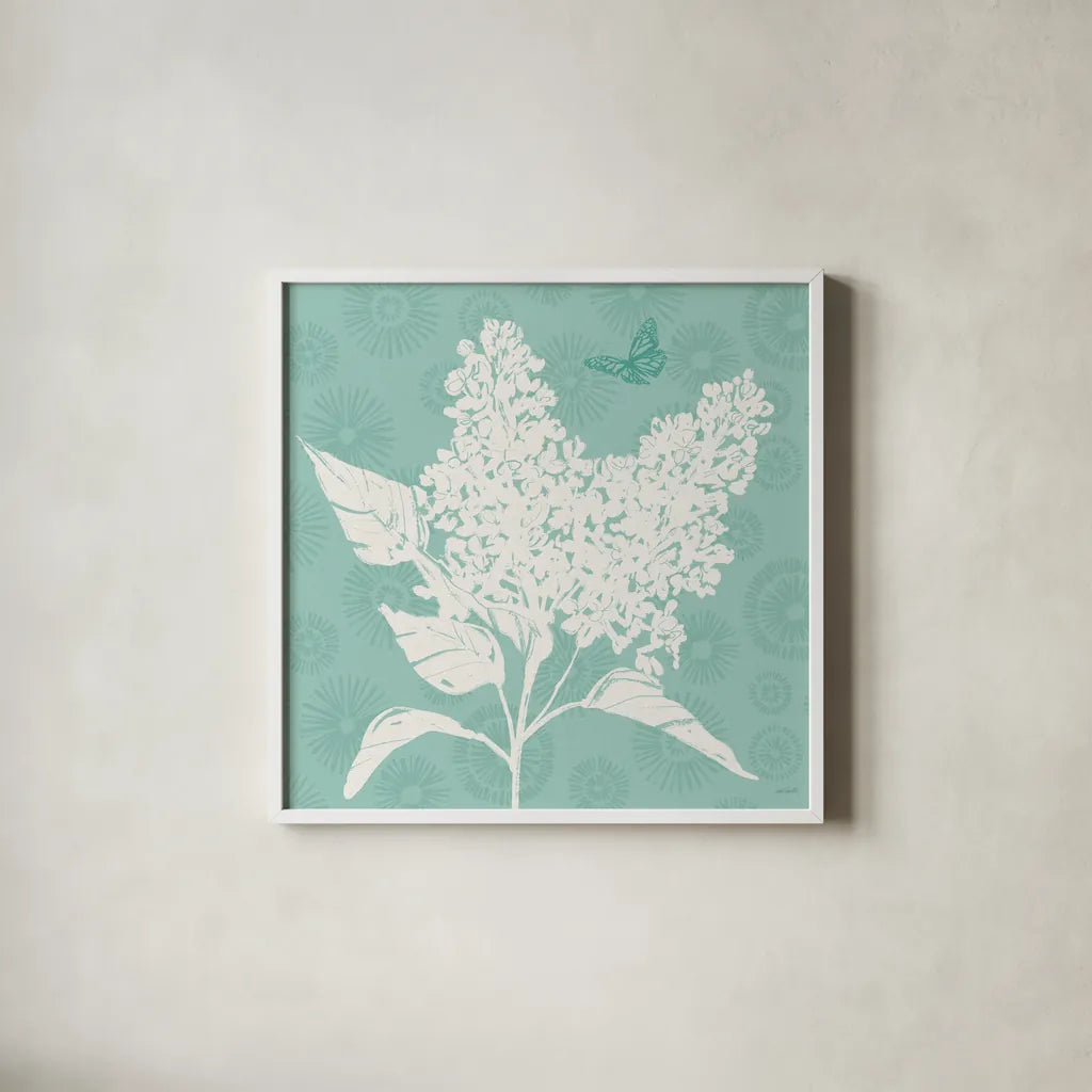 Spring Delight IV by Anne Tavoletti. Shown in a crisp white glass frame for a clean and minimalist style. Available as an archival giclee rolled canvas, fine art paper, or poster print. SKU 92083a.