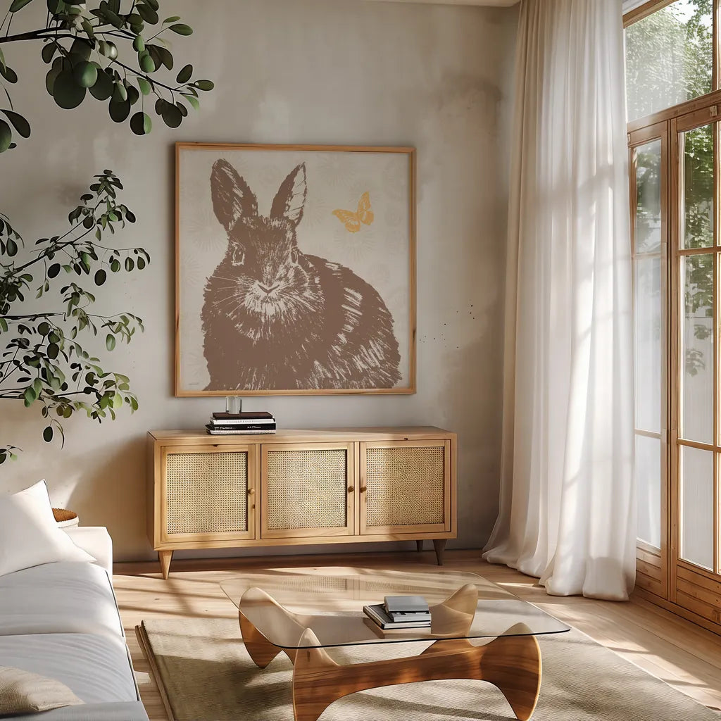 Spring Delight IX by Anne Tavoletti. Shown in a natural wood frame in a cozy modern living room. Available as an archival giclee rolled canvas, fine art paper, or poster print. SKU 92088a.