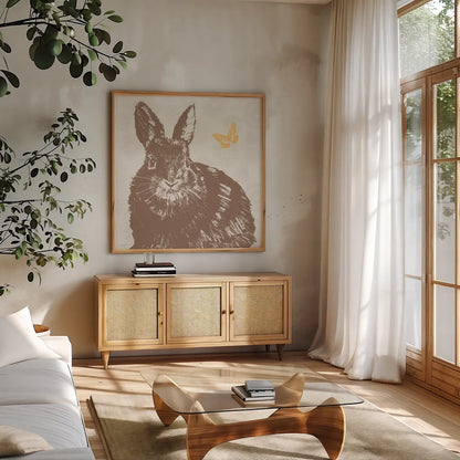 Spring Delight IX by Anne Tavoletti. Shown in a natural wood frame in a cozy modern living room. Available as an archival giclee rolled canvas, fine art paper, or poster print. SKU 92088a.