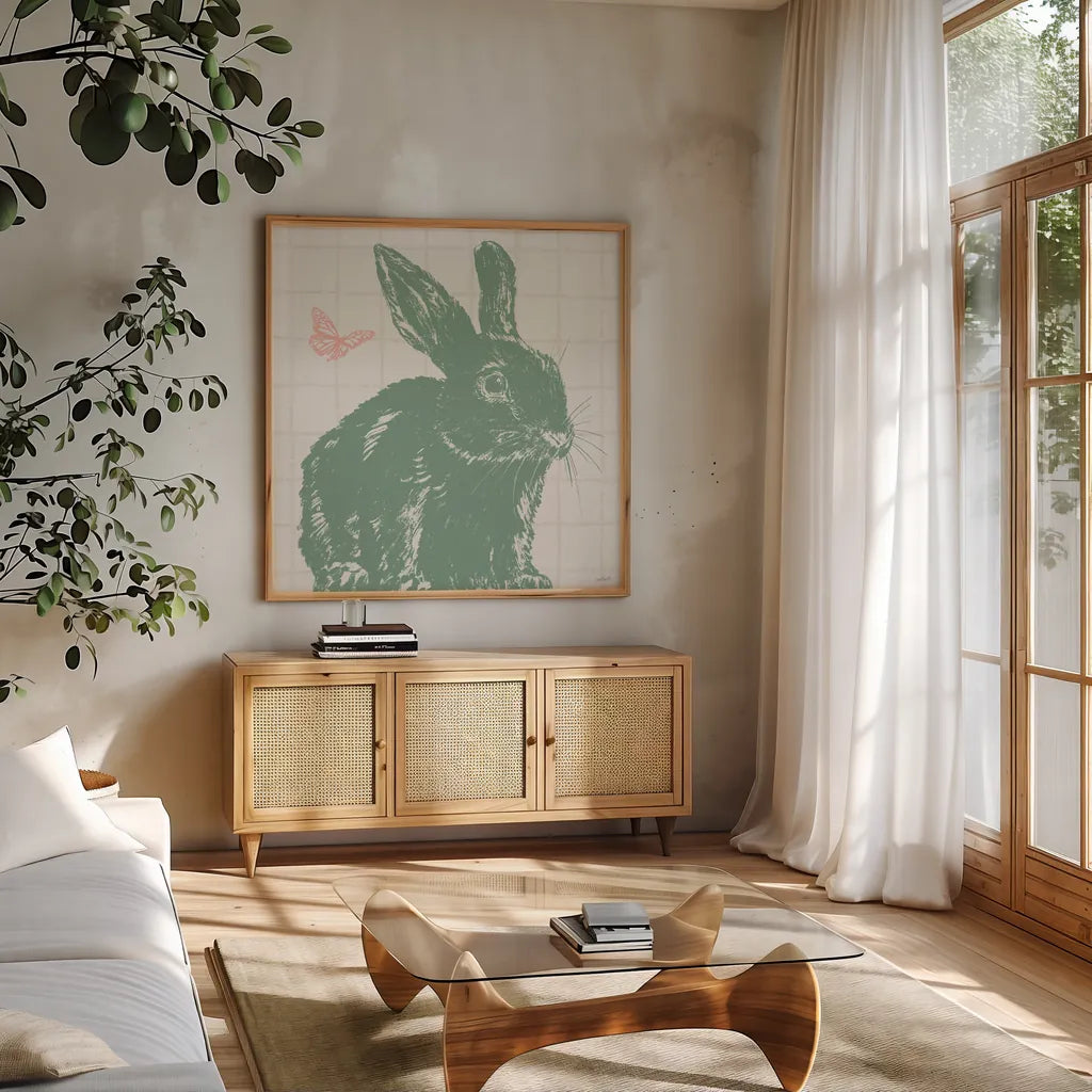 Spring Delight VI by Anne Tavoletti. Shown in a natural wood frame in a cozy modern living room. Available as an archival giclee rolled canvas, fine art paper, or poster print. SKU 92085a.