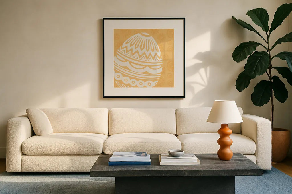 Spring Delight VIII by Anne Tavoletti. Displayed in a glass frame with matte in a clean modern living room. Available as an archival giclee rolled canvas, fine art paper, or poster print. SKU 92087a.