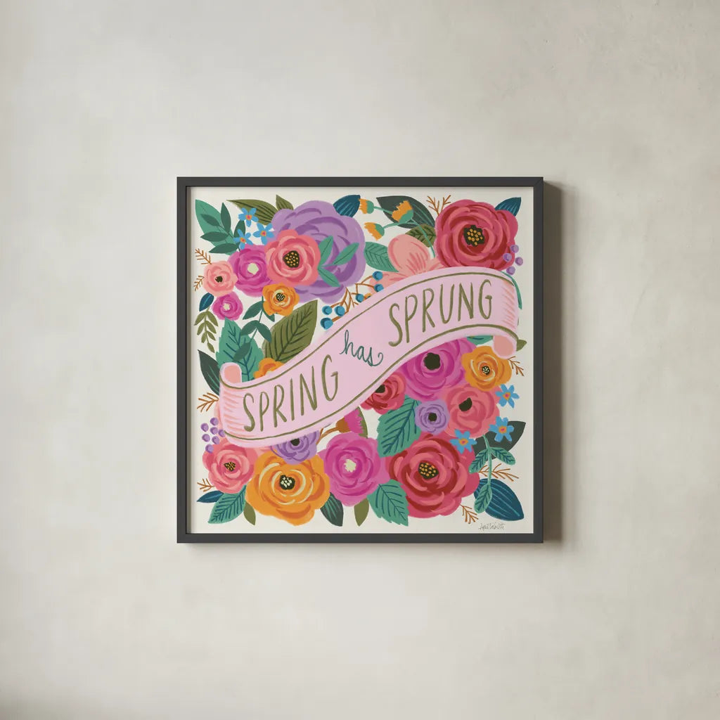 Spring Has Sprung I by Anne Tavoletti. Shown in a sleek black glass frame for a contemporary gallery look. Available as an archival giclee rolled canvas, fine art paper, or poster print. SKU 63171a.